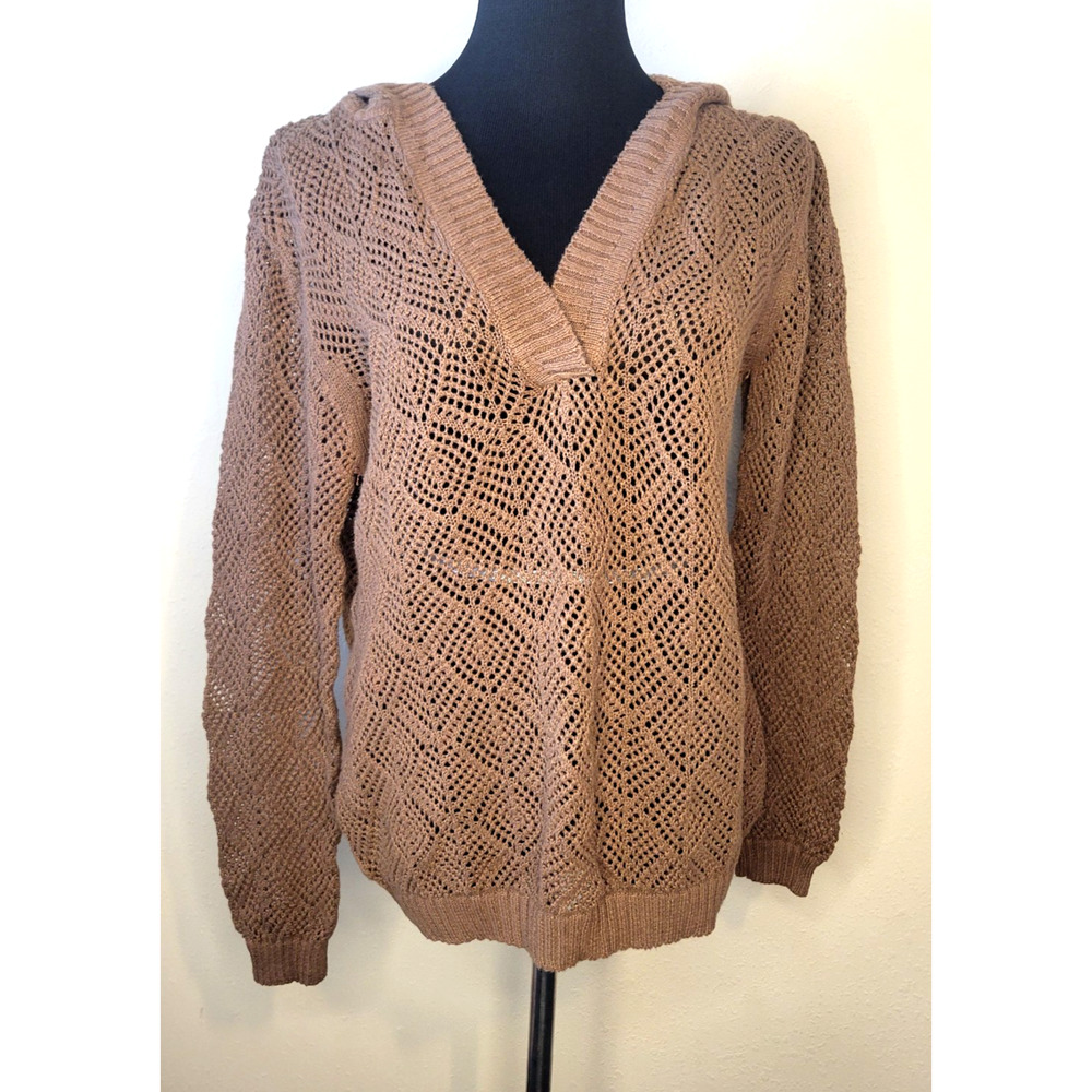 Women’s Brown Crochet Lace Hooded Cardigan Boho Beachy Sweater Size Large